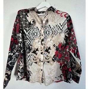 Chico's Womens Effortless Caroline Asian-Floral No Iron Shirt Size 2 Black/Red